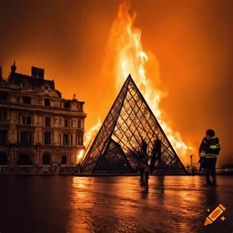 Firefighters Extinguishing Fire On The Pyramid Of The Louvre Museum On