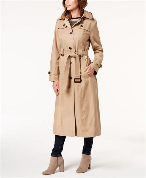 London Fog Cotton Petite Belted Maxi Trench Coat In British Khaki