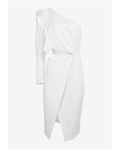 Lavish Alice Synthetic One Shoulder Ruffle Wrap Midi Dress In White