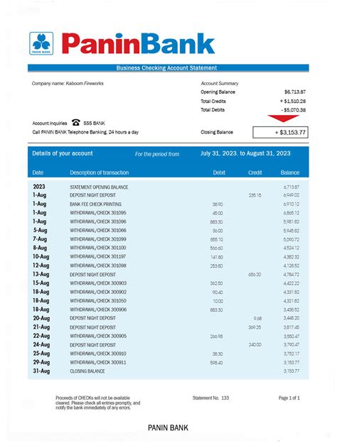 Panin Bank Organization Checking Account Statement Word And PDF