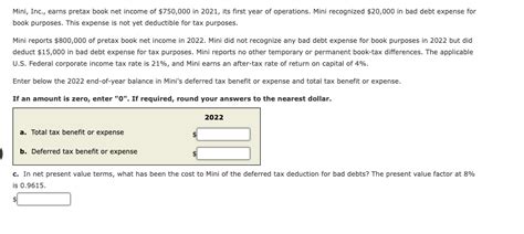 Solved Mini Inc Earns Pretax Book Net Income Of 750 000 Chegg