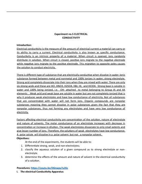 Experiment 5 Electrical Conductivity Experiment No Electrical