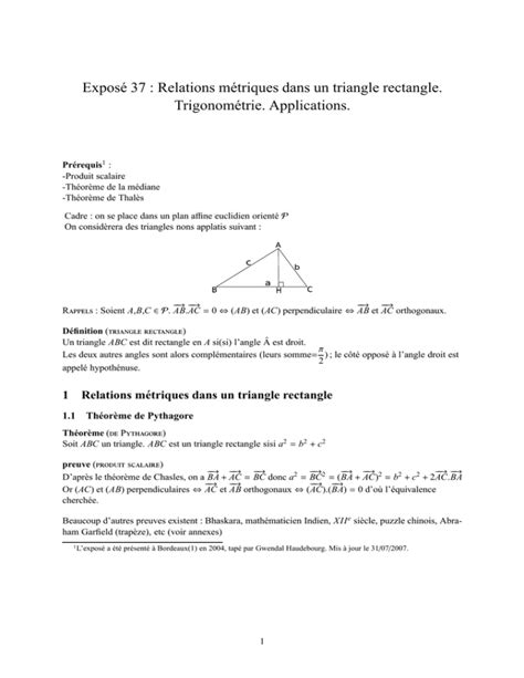 Exposé 37 Relations Métriques Dans Un Triangle Rectangle