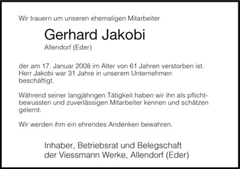 Traueranzeigen Von Gerhard Jakobi Trauer Hna De