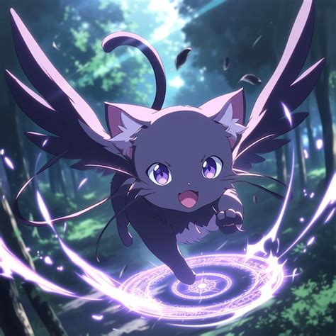 Anime Gato Con Alas Volando A Través De Un Bosque Con Una Luz Circular