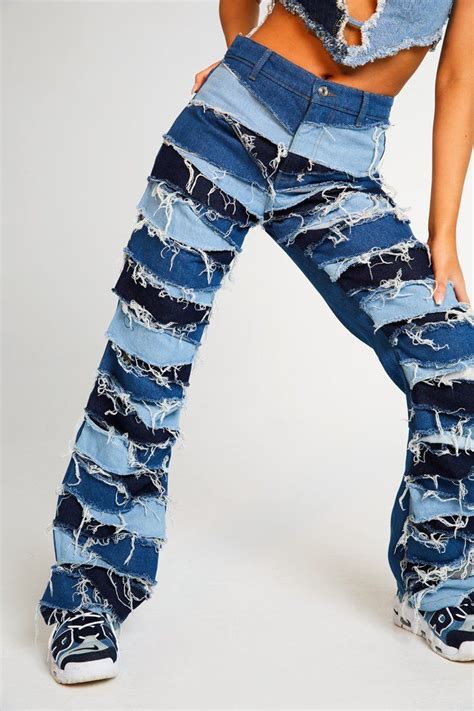 Shredded Denim Patchwork Boyfriend Fit Jeans Denim Patchwork