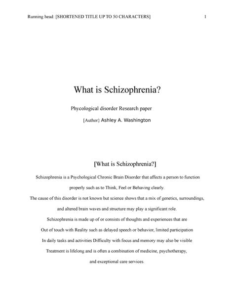 Schizophrenia Research Paper Self Written Running Head SHORTENED