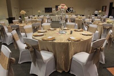 Champagne Gold Crushed Satin Tablecloth Rental AM Linen Rental Show