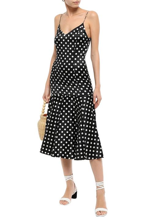 Black Kai Polka Dot Stretch Silk Satin Midi Slip Dress Sale Up To