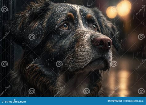 Perro Callejero Solitario Y Triste De Noche Bajo La Lluvia Ai