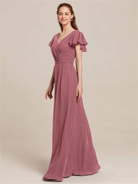 Aw Bridal Chiffon V Neck Long Bridesmaid Dresses With Sleeves Formal