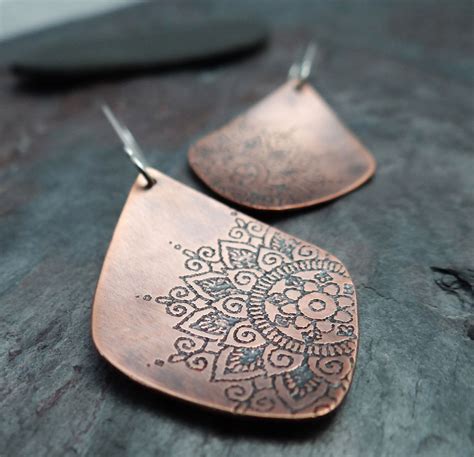 Etched Mandala Earrings Copper Dangles With Sterling Silver Etsy Silver Jewelry Handmade