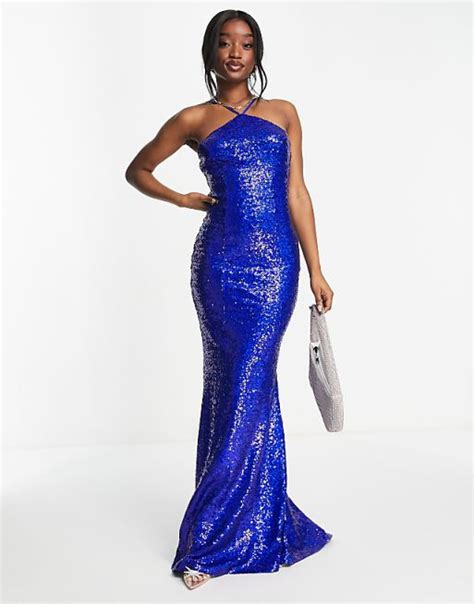 Goddiva Strappy Halter Neck Sequin Maxi Dress In Royal Blue Asos