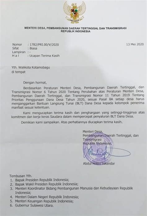 Lewat Surat Resmi Menteri Desa Ucapkan Terima Kasih Ke WalikotaTatong