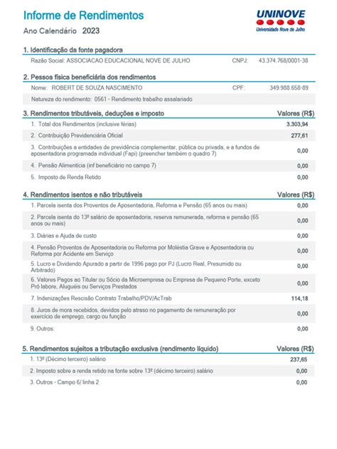 Informe De Rendimentos Escola Particular - Informe de Rendimentos 2023 - Associação Nove de Julho | PDF | Imposto ...