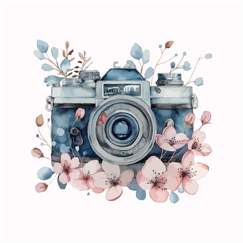 Premium Vector Watercolor Camera With Flowers