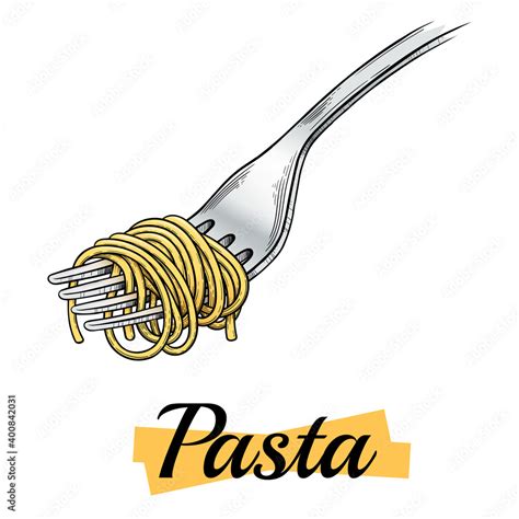 Italian Pasta Spaghetti On A Fork Vector Vintage Black Illustration