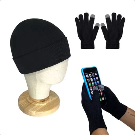 Kit Touca Lisa Gorro Toca Frio Luva Touch Screen Celular