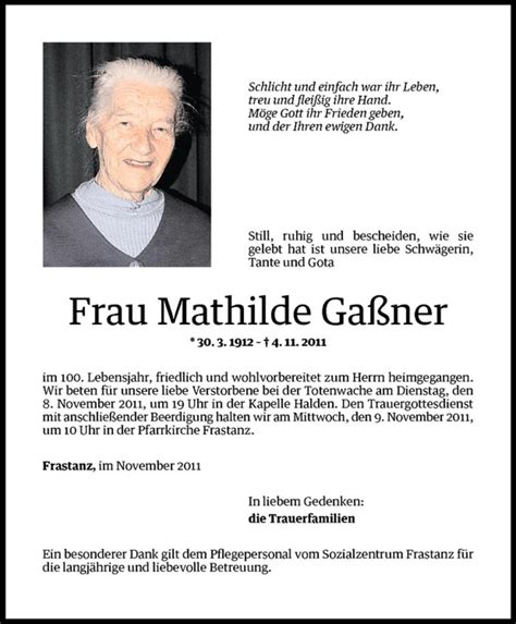 Todesanzeigen Von Mathilde Ga Ner Todesanzeigen Vorarlberger Nachrichten