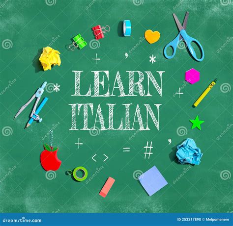 Learn Italian Theme With School Supplies On A Chalkboard Stock Photo