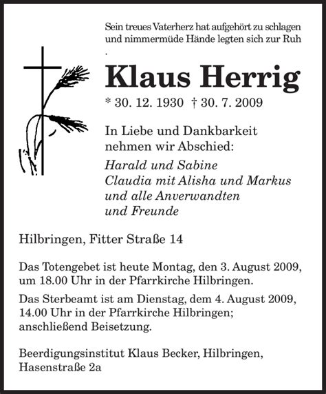 Trauer Und Todesanzeigen Von Klaus Herrig Trauer De