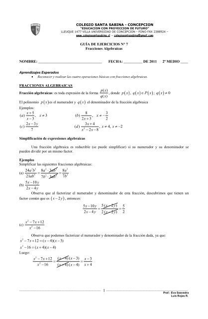 Guia 7 Fracciones Algebraicas Pdf Colegio Santa Sabina