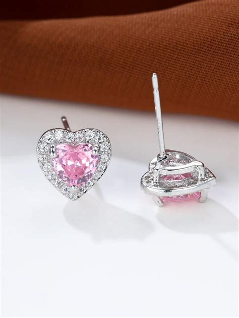 Cubic Zirconia Heart Design Stud Earrings Shein Usa