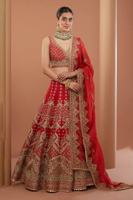 Buy Red Raw Silk Embroidery Zari Plunged V Neck Bahar Bridal Lehenga