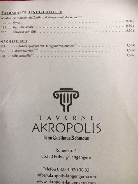 Speisekarte Von Taverne Akropolis Beim Gasthaus Schmaus Restaurant Erdweg