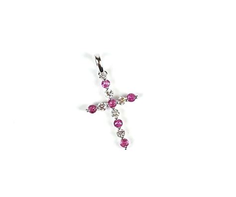 Pendentif Croix En Or Blanc K Oo Serti De Saphirs Roses