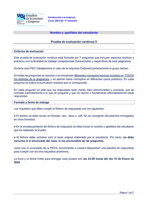 Enunciado Pec Introduccion A La Empresa Introducci N A La Empresa