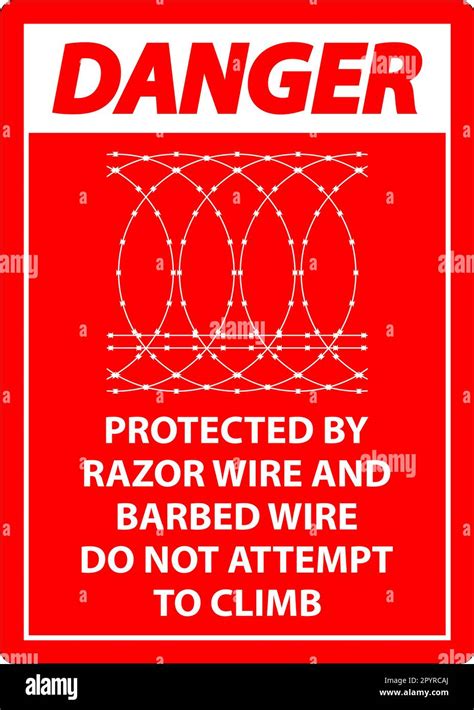 Danger Protected By Razor Wire And Barbed Wire Do Not Climb Sign Stock