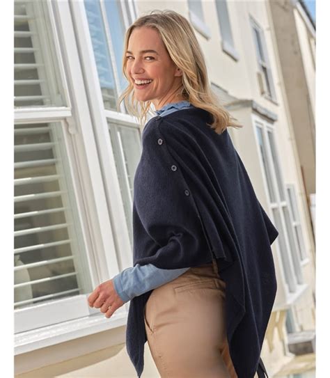 Navy Cashmere Merino Blend Button Poncho Woolovers Us