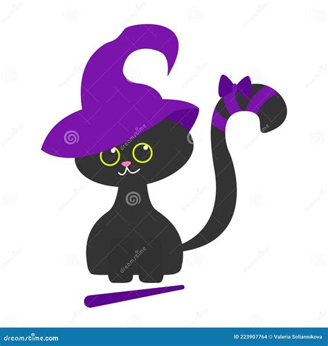 Cute Little Black Cat In A Witch`s Hat The Witch Cat Isolated On White Design For Halloween