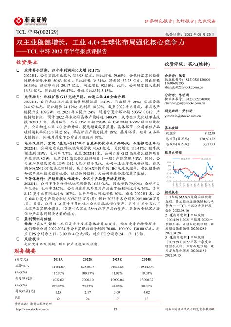 Tcl中环2022年半年报点评报告：双主业稳健增长，工业40全球化布局强化核心竞争力 洞见研报 行业报告