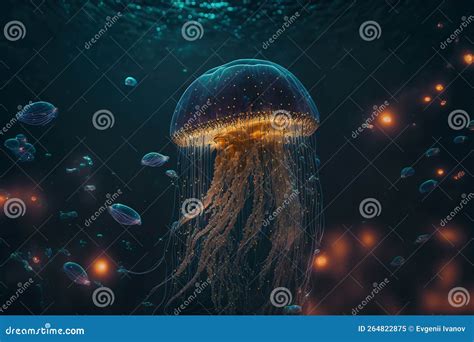 Glowing Jellyfish Swim Deep In Blue Sea Medusa Neon Jellyfish Fantasy