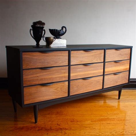 Sold Black And Wood Mid Century Modern Dresser Vintage Mcm Etsy