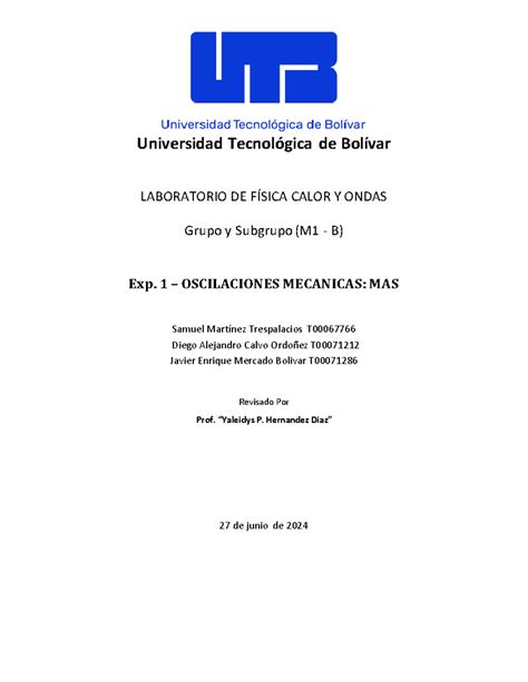 Informe 1 fisica calor y ondas Universidad Tecnológica de Bolívar