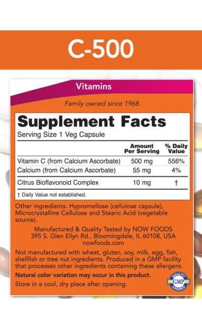 Vitamina C 500 Calcium Ascorbate 250 Capsules Now Foods