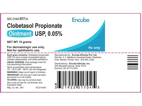 Clobetasol Propionate Ointment USP 0.05%, 15 g, Encube (RX) Ingredients ...