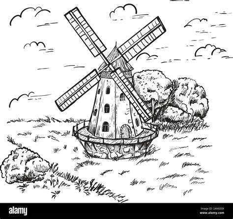 Windmill Hand Drawn Sketch Of Mill Engraving Vintage Style Vector