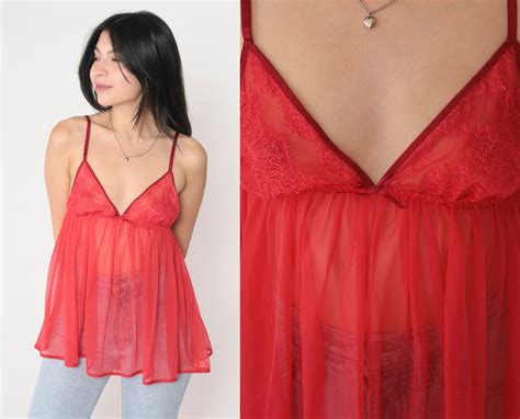 Sheer Red Lingerie Top Y K Victoria S Secret Babydoll Camisole Floral Lace Tank Top Spaghetti