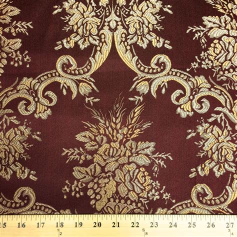 Jacquard Damask Print Fabric Burgundy Gold For Curtains And Decoration