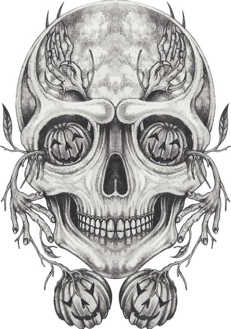 Art Surreal Pumpkin Mix Skull Hand Drawing And Make Graphic Vector