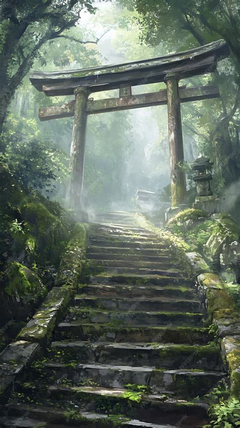 Ancient Stone Steps Leading To A Shinto Shrine Through A Lush Forest