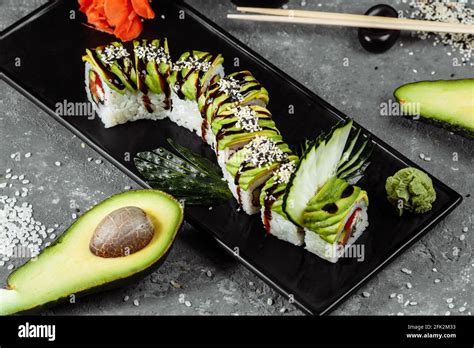 Green Dragon Sushi Roll With Eel Avocado Cucumber And Ginger