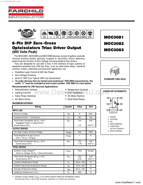 MOC3082 Datasheet PDF MOC3081 MOC3083 6 Pin DIP Zero C Cross