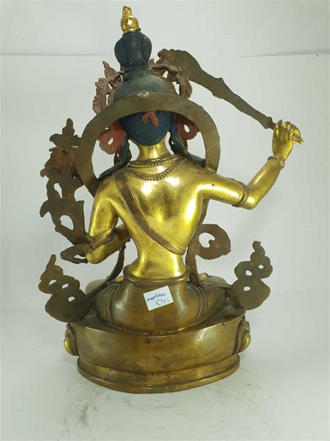 Old Stock Statue Of Manjushri Partly Gold Plated Painted Face Last