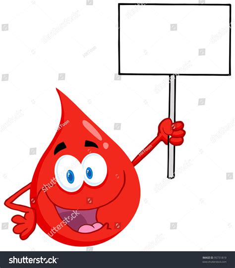 Happy Red Blood Drop Character Holding Up A Blank Sign Vector