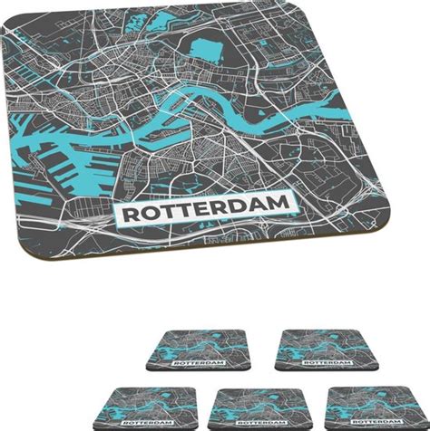 Onderzetters Voor Glazen Plattegrond Rotterdam Grijs Blauw